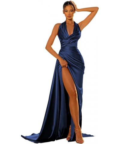 Women's Satin Mermaid Prom Dresses with Slit Halter Long Corset Formal Dresses Ruched Evening Gown Navy Blue $31.85 Dresses