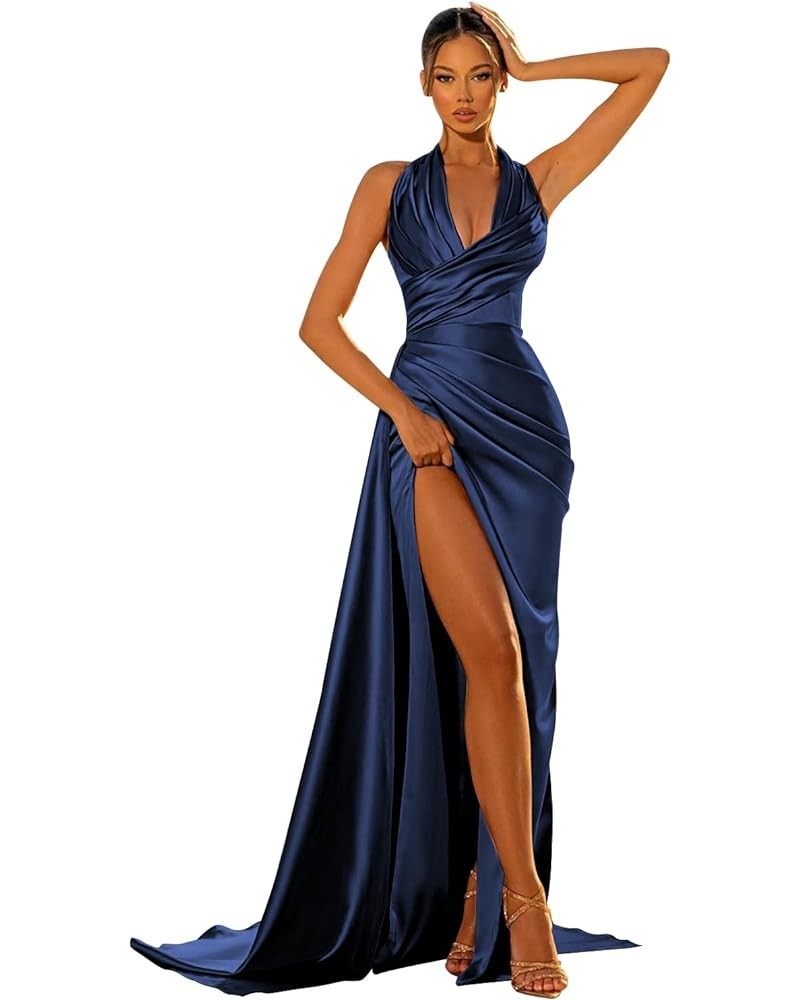 Women's Satin Mermaid Prom Dresses with Slit Halter Long Corset Formal Dresses Ruched Evening Gown Navy Blue $31.85 Dresses