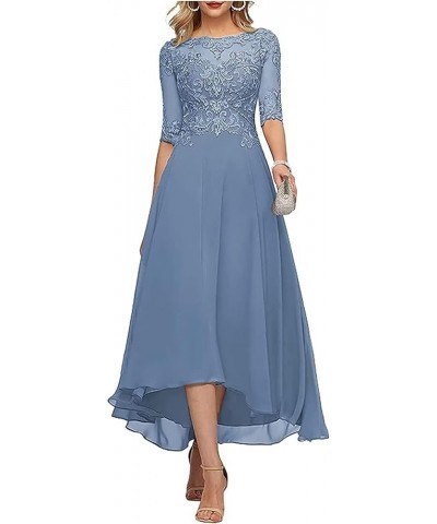 Lace Appliques Mother of The Bride Dress Tea Length 3/4 Sleeves Chiffon Formal Wedding Party Prom Gowns for Women Dusty Blue ...