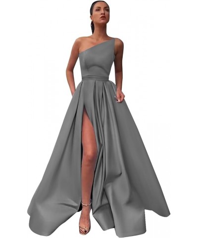 Women's A line Long Prom Dress with Pockets Satin Ball Gown Side Slit Backless Formal Evening Party Gown Grey $43.34 Dresses