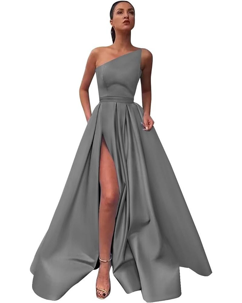 Women's A line Long Prom Dress with Pockets Satin Ball Gown Side Slit Backless Formal Evening Party Gown Grey $43.34 Dresses