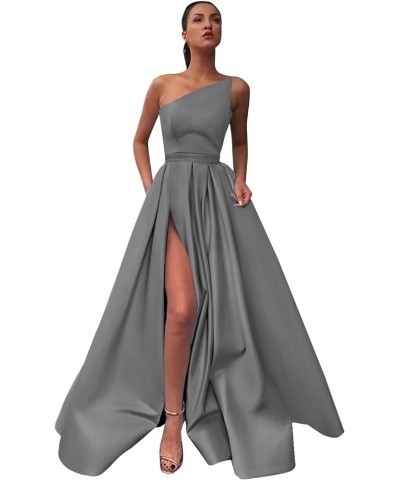 Women's A line Long Prom Dress with Pockets Satin Ball Gown Side Slit Backless Formal Evening Party Gown Grey $43.34 Dresses