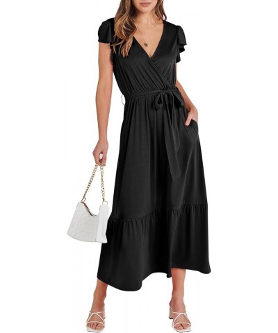 Women Summer Maxi Dress Casual Wrap V Neck Flutter Short Sleeve Belt A-Line Tiered Flowy Beach Long Dresses Black $13.86 Dresses