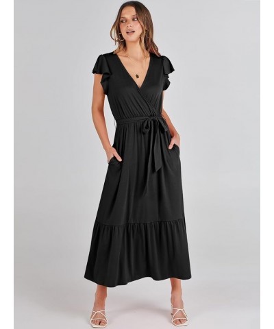 Women Summer Maxi Dress Casual Wrap V Neck Flutter Short Sleeve Belt A-Line Tiered Flowy Beach Long Dresses Black $13.86 Dresses