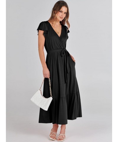 Women Summer Maxi Dress Casual Wrap V Neck Flutter Short Sleeve Belt A-Line Tiered Flowy Beach Long Dresses Black $13.86 Dresses