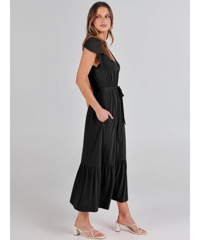 Women Summer Maxi Dress Casual Wrap V Neck Flutter Short Sleeve Belt A-Line Tiered Flowy Beach Long Dresses Black $13.86 Dresses