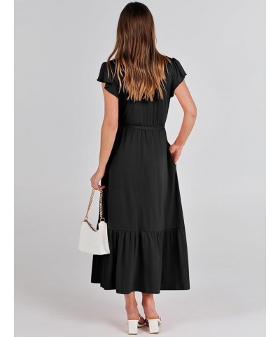 Women Summer Maxi Dress Casual Wrap V Neck Flutter Short Sleeve Belt A-Line Tiered Flowy Beach Long Dresses Black $13.86 Dresses