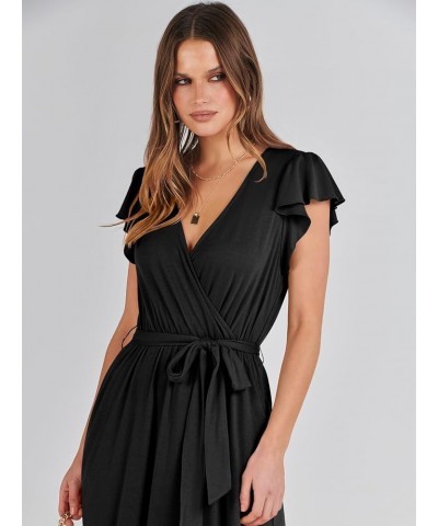 Women Summer Maxi Dress Casual Wrap V Neck Flutter Short Sleeve Belt A-Line Tiered Flowy Beach Long Dresses Black $13.86 Dresses