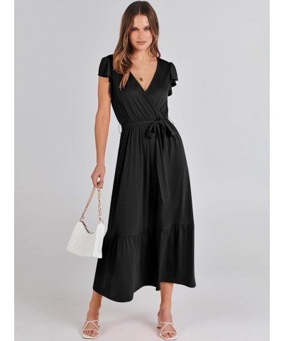 Women Summer Maxi Dress Casual Wrap V Neck Flutter Short Sleeve Belt A-Line Tiered Flowy Beach Long Dresses Black $13.86 Dresses