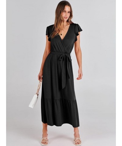 Women Summer Maxi Dress Casual Wrap V Neck Flutter Short Sleeve Belt A-Line Tiered Flowy Beach Long Dresses Black $13.86 Dresses