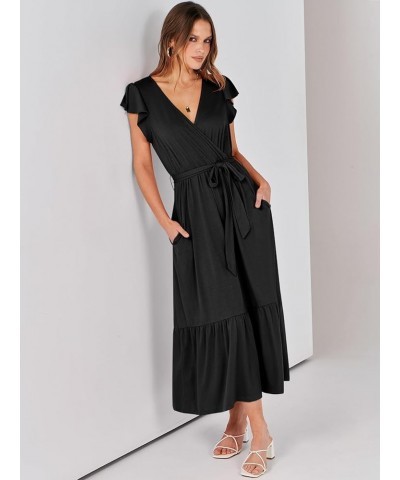 Women Summer Maxi Dress Casual Wrap V Neck Flutter Short Sleeve Belt A-Line Tiered Flowy Beach Long Dresses Black $13.86 Dresses