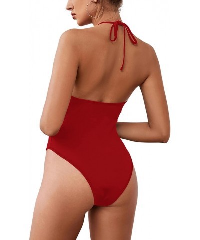 Women's Cutout Criss Cross Halter Tie Neck Sleeveless Leotard Bodysuit Top Red $12.95 Bodysuits