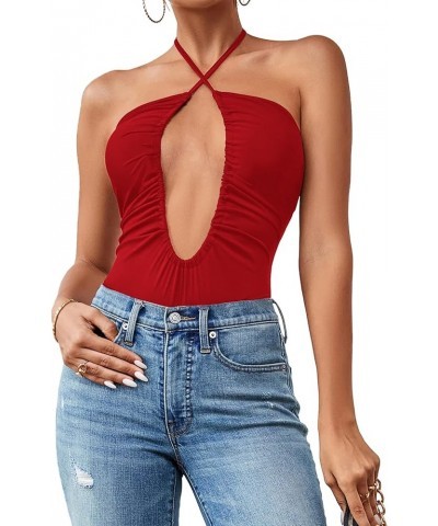 Women's Cutout Criss Cross Halter Tie Neck Sleeveless Leotard Bodysuit Top Red $12.95 Bodysuits