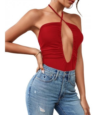 Women's Cutout Criss Cross Halter Tie Neck Sleeveless Leotard Bodysuit Top Red $12.95 Bodysuits