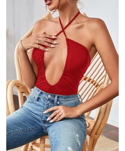 Women's Cutout Criss Cross Halter Tie Neck Sleeveless Leotard Bodysuit Top Red $12.95 Bodysuits