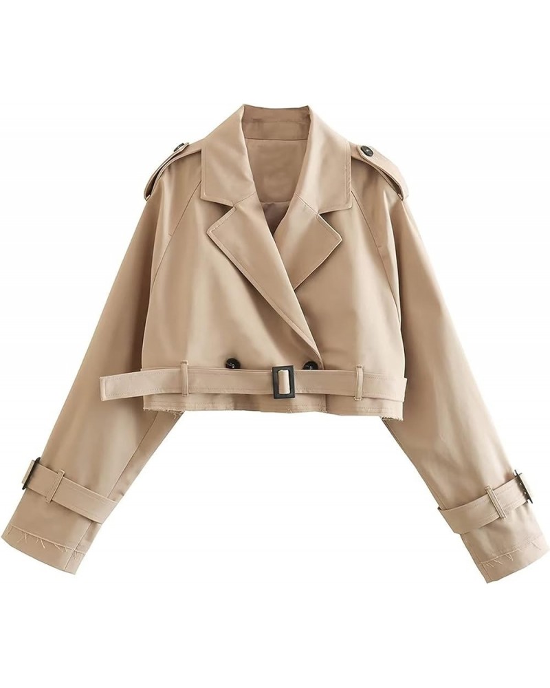 Women's Casual Cropped Oversized Trench Coat with Belt Lapel Double Breasted Jacket Outwear Khaki $14.49 Coats