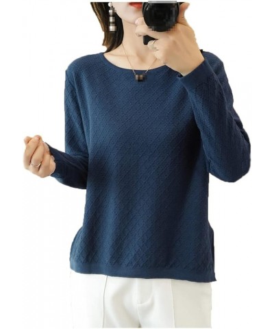 Women Cotton Knit Thin Sweater Women's Round Neck Solid Knit Pullover Spring Wild Ladies Outer Wear Top Navy Blue $25.56 Swea...