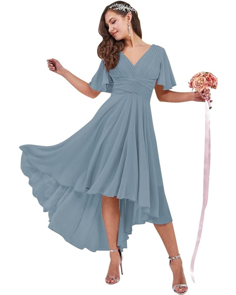 High Low Bridesmaid Dresses for Women 2024 V Neck Short Sleeves Flutter Formal Party Dress with Pockets NB216 Dusty Blue $23....