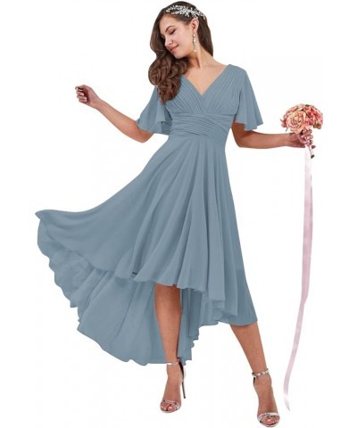 High Low Bridesmaid Dresses for Women 2024 V Neck Short Sleeves Flutter Formal Party Dress with Pockets NB216 Dusty Blue $23....