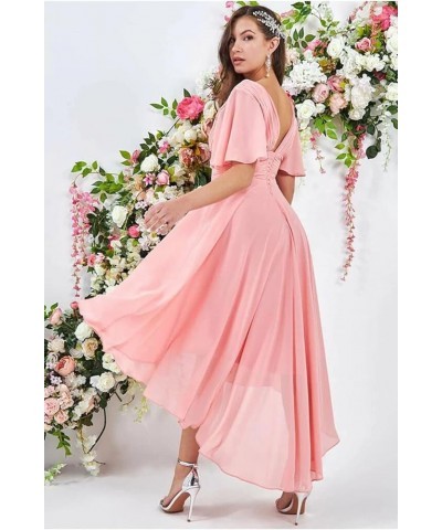 High Low Bridesmaid Dresses for Women 2024 V Neck Short Sleeves Flutter Formal Party Dress with Pockets NB216 Dusty Blue $23....