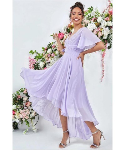 High Low Bridesmaid Dresses for Women 2024 V Neck Short Sleeves Flutter Formal Party Dress with Pockets NB216 Dusty Blue $23....