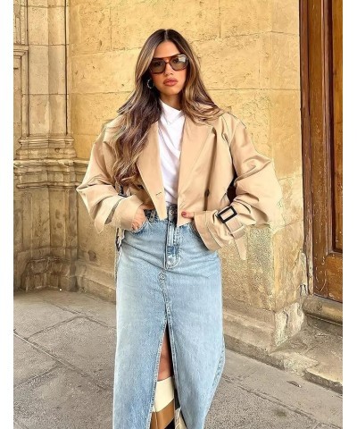 Women's Casual Cropped Oversized Trench Coat with Belt Lapel Double Breasted Jacket Outwear Khaki $14.49 Coats