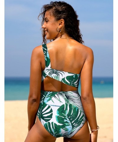 Women's One Piece Swimsuits One Shoulder Swimwear Ruched Tummy Control Bathing Suits Cutout Monokini Green&blue Leaves $20.90...