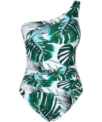 Women's One Piece Swimsuits One Shoulder Swimwear Ruched Tummy Control Bathing Suits Cutout Monokini Green&blue Leaves $20.90...