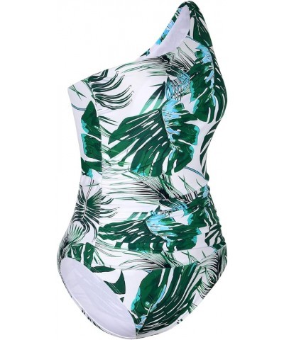 Women's One Piece Swimsuits One Shoulder Swimwear Ruched Tummy Control Bathing Suits Cutout Monokini Green&blue Leaves $20.90...