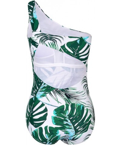 Women's One Piece Swimsuits One Shoulder Swimwear Ruched Tummy Control Bathing Suits Cutout Monokini Green&blue Leaves $20.90...