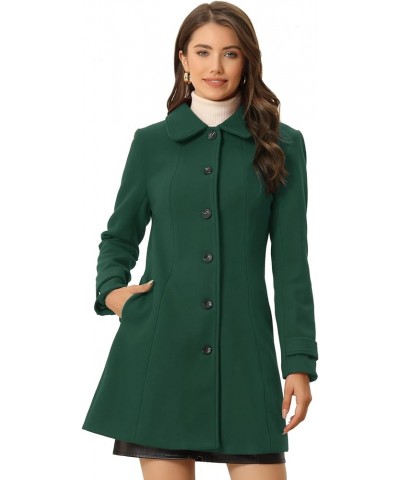 Women's Peter Pan Collar Overcoat Single Breasted Pockets Winter Long Coat Solid Dark Green $30.10 Coats