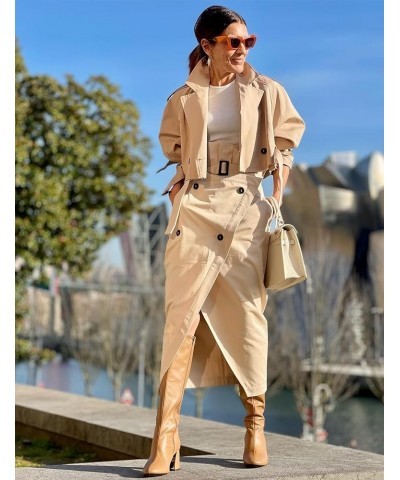 Women's Casual Cropped Oversized Trench Coat with Belt Lapel Double Breasted Jacket Outwear Khaki $14.49 Coats