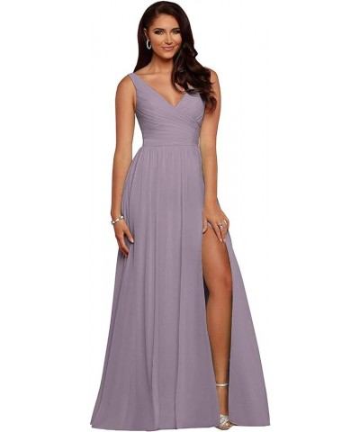 V Neck Bridesmaid Dresses for Wedding 2024 Long Pleated Chiffon Slit Prom Formal Gowns Wisteria $39.00 Dresses