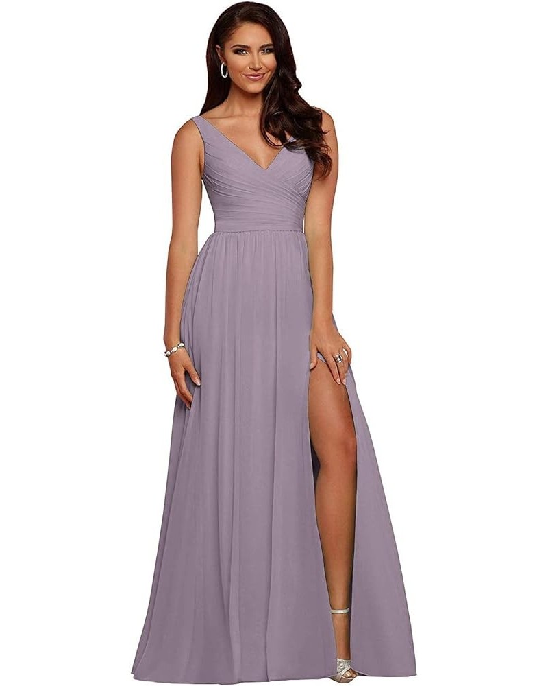 V Neck Bridesmaid Dresses for Wedding 2024 Long Pleated Chiffon Slit Prom Formal Gowns Wisteria $39.00 Dresses