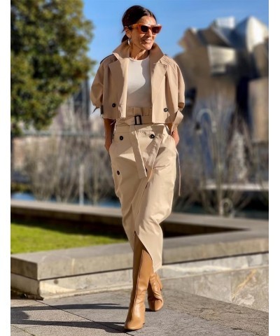 Women's Casual Cropped Oversized Trench Coat with Belt Lapel Double Breasted Jacket Outwear Khaki $14.49 Coats