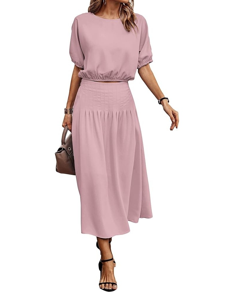 2024 Women's Two Piece Outfits Summer Dress Solid Casual Loose Puff Sleeve Crop Top and Pleated Long Skirt Set Pink $10.00 Suits