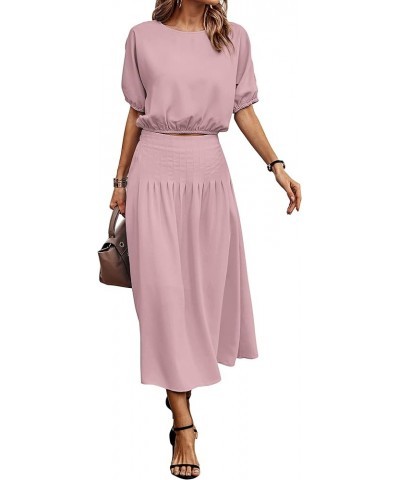 2024 Women's Two Piece Outfits Summer Dress Solid Casual Loose Puff Sleeve Crop Top and Pleated Long Skirt Set Pink $10.00 Suits