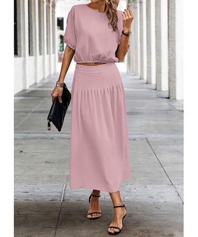 2024 Women's Two Piece Outfits Summer Dress Solid Casual Loose Puff Sleeve Crop Top and Pleated Long Skirt Set Pink $10.00 Suits