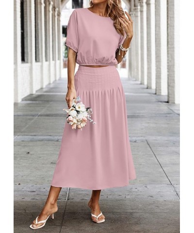 2024 Women's Two Piece Outfits Summer Dress Solid Casual Loose Puff Sleeve Crop Top and Pleated Long Skirt Set Pink $10.00 Suits