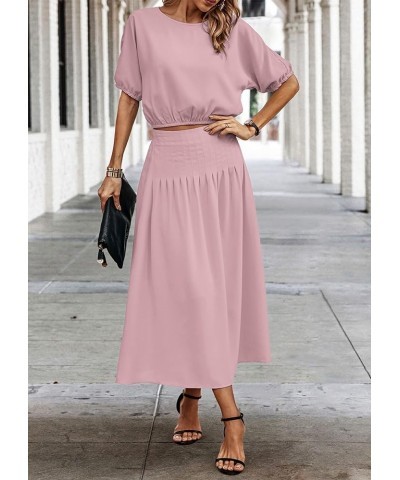 2024 Women's Two Piece Outfits Summer Dress Solid Casual Loose Puff Sleeve Crop Top and Pleated Long Skirt Set Pink $10.00 Suits