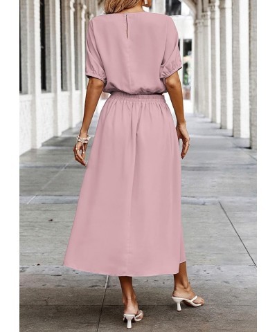 2024 Women's Two Piece Outfits Summer Dress Solid Casual Loose Puff Sleeve Crop Top and Pleated Long Skirt Set Pink $10.00 Suits