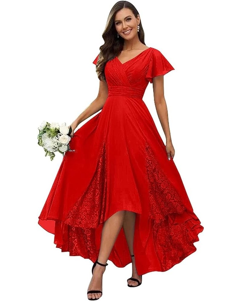 Women's Tea Length Mother of The Bride Dresses 2023 Ruffle Sleeves Chiffon Lace Appliques Formal Evening Gowns Red $22.55 Dre...