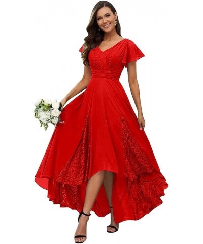 Women's Tea Length Mother of The Bride Dresses 2023 Ruffle Sleeves Chiffon Lace Appliques Formal Evening Gowns Red $22.55 Dre...