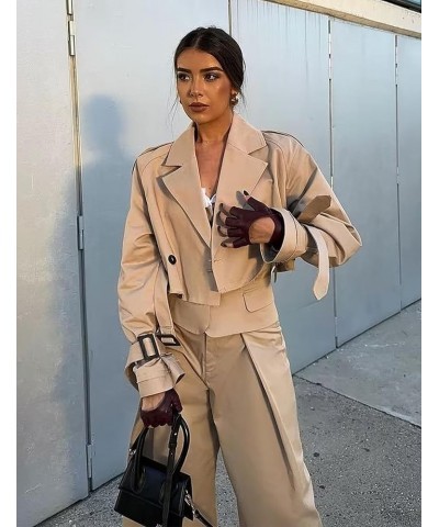 Women's Casual Cropped Oversized Trench Coat with Belt Lapel Double Breasted Jacket Outwear Khaki $14.49 Coats