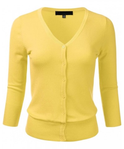 Women's Button Down 3/4 Sleeve V-Neck Stretch Knit Cardigan Sweater (S-3X) Fsw015_babyyellow $19.17 Sweaters