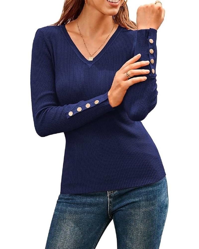 Womens Sweaters Fall 2023 V Neck Pullover Sweaters Long Sleeve Stretch Button Casual Ribbed Knit Tops Shirts Navy Blue $18.69...