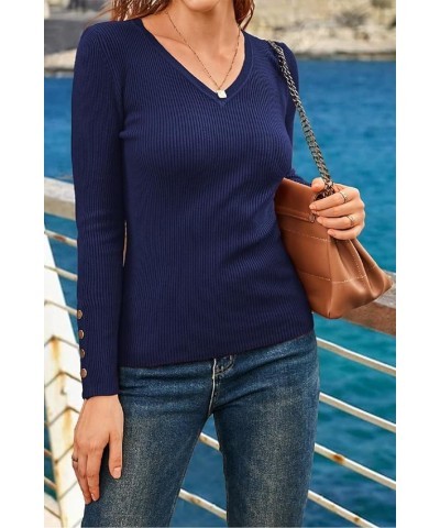 Womens Sweaters Fall 2023 V Neck Pullover Sweaters Long Sleeve Stretch Button Casual Ribbed Knit Tops Shirts Navy Blue $18.69...