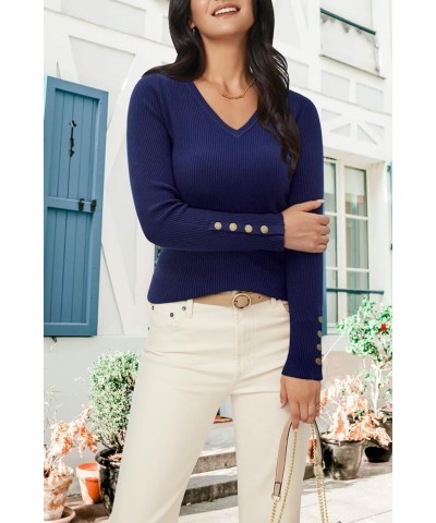 Womens Sweaters Fall 2023 V Neck Pullover Sweaters Long Sleeve Stretch Button Casual Ribbed Knit Tops Shirts Navy Blue $18.69...