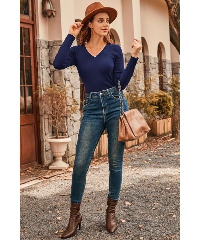 Womens Sweaters Fall 2023 V Neck Pullover Sweaters Long Sleeve Stretch Button Casual Ribbed Knit Tops Shirts Navy Blue $18.69...