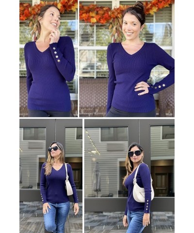 Womens Sweaters Fall 2023 V Neck Pullover Sweaters Long Sleeve Stretch Button Casual Ribbed Knit Tops Shirts Navy Blue $18.69...